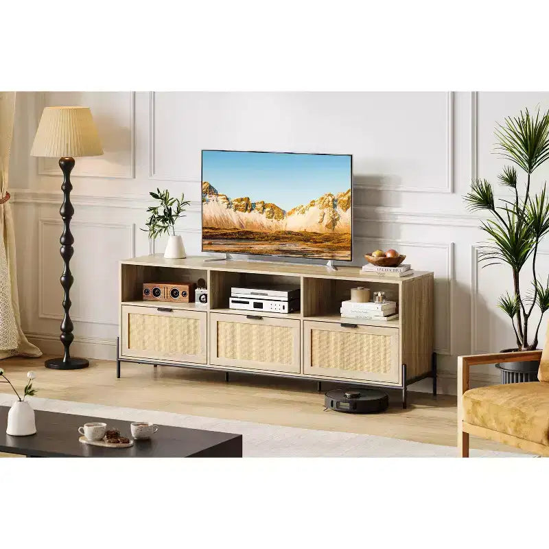 COZONY Modern Rattan TV Stand for 75 . Wood Media Console w/ 3 Drawers & Open Shelves