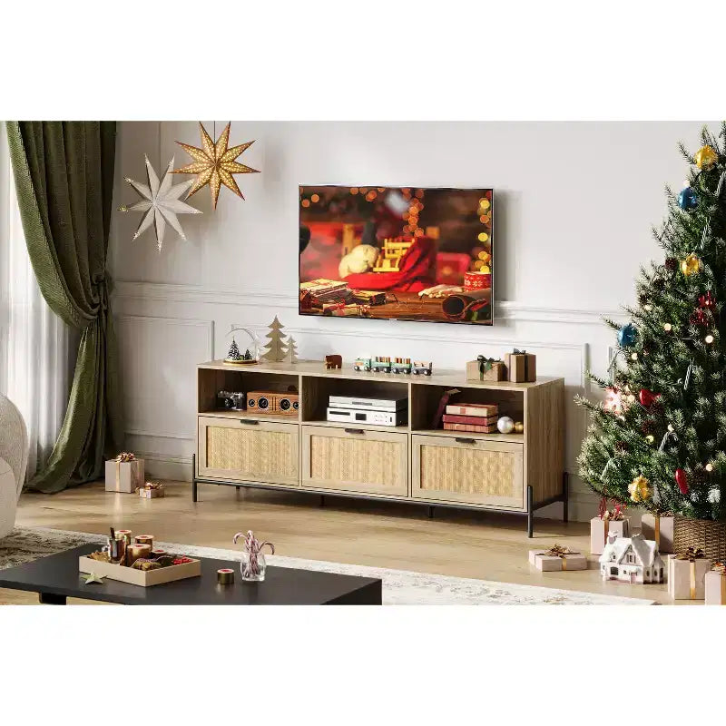 COZONY Modern Rattan TV Stand for 75 . Wood Media Console w/ 3 Drawers & Open Shelves