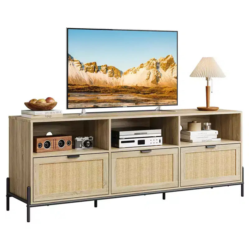 COZONY Modern Rattan TV Stand for 75 . Wood Media Console w/ 3 Drawers & Open Shelves