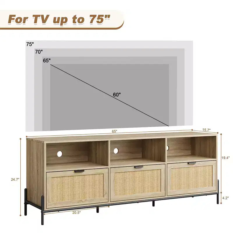 COZONY Modern Rattan TV Stand for 75 . Wood Media Console w/ 3 Drawers & Open Shelves