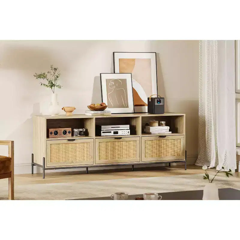 COZONY Modern Rattan TV Stand for 75 . Wood Media Console w/ 3 Drawers & Open Shelves