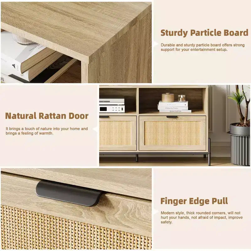 COZONY Modern Rattan TV Stand for 75 . Wood Media Console w/ 3 Drawers & Open Shelves