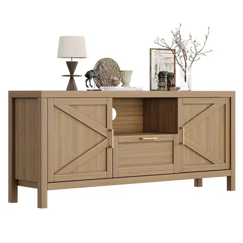 Farmhouse TV Stand for 55/65 TVs, 59 Entertainment Center with 2 Door Cabinets & Adjustable Shelves, Walnut Media Console for Living Room