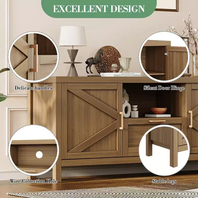 Farmhouse TV Stand for 55/65 TVs, 59 Entertainment Center with 2 Door Cabinets & Adjustable Shelves, Walnut Media Console for Living Room