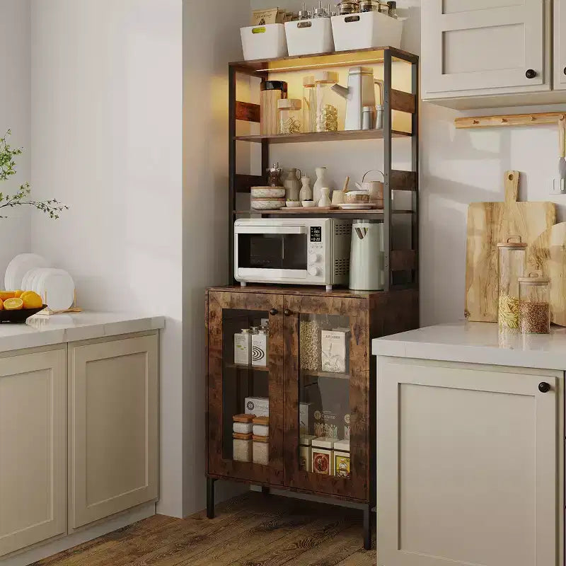 COZONY Multi-Function Kitchen Pantry Cabinet w/ Outlets & LED Lights, Glass Door Storage