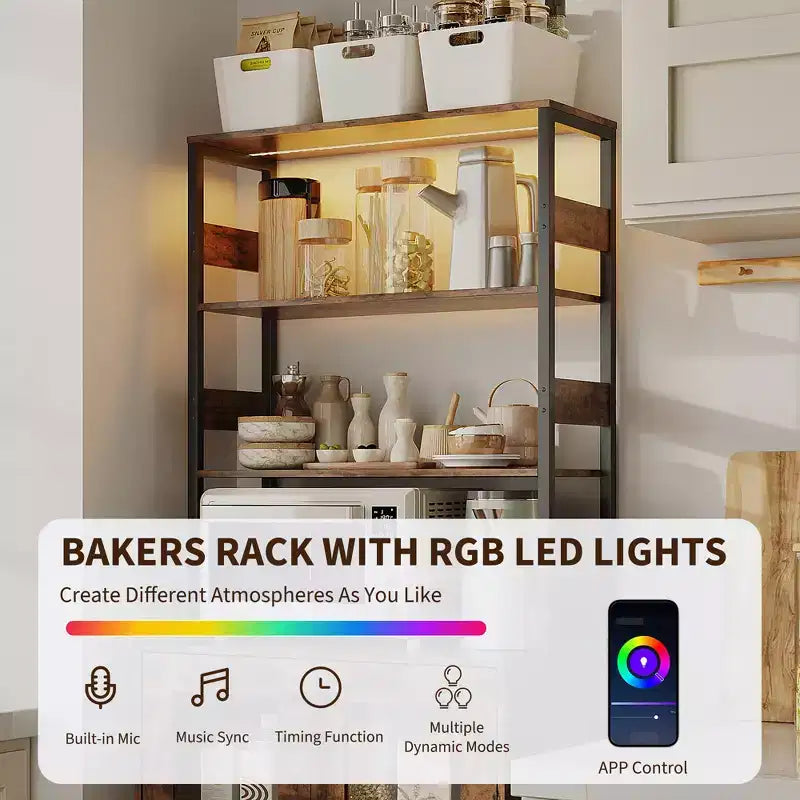 COZONY Multi-Function Kitchen Pantry Cabinet w/ Outlets & LED Lights, Glass Door Storage