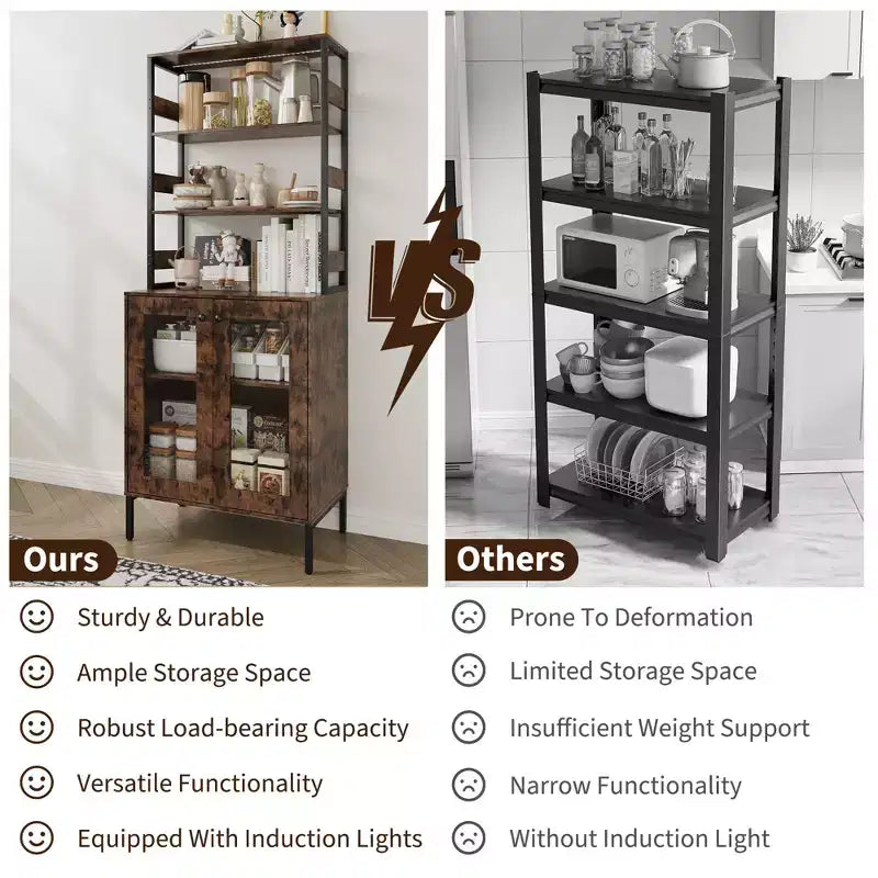 COZONY Multi-Function Kitchen Pantry Cabinet w/ Outlets & LED Lights, Glass Door Storage
