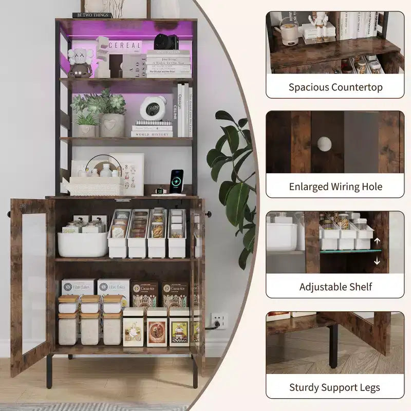 COZONY Multi-Function Kitchen Pantry Cabinet w/ Outlets & LED Lights, Glass Door Storage