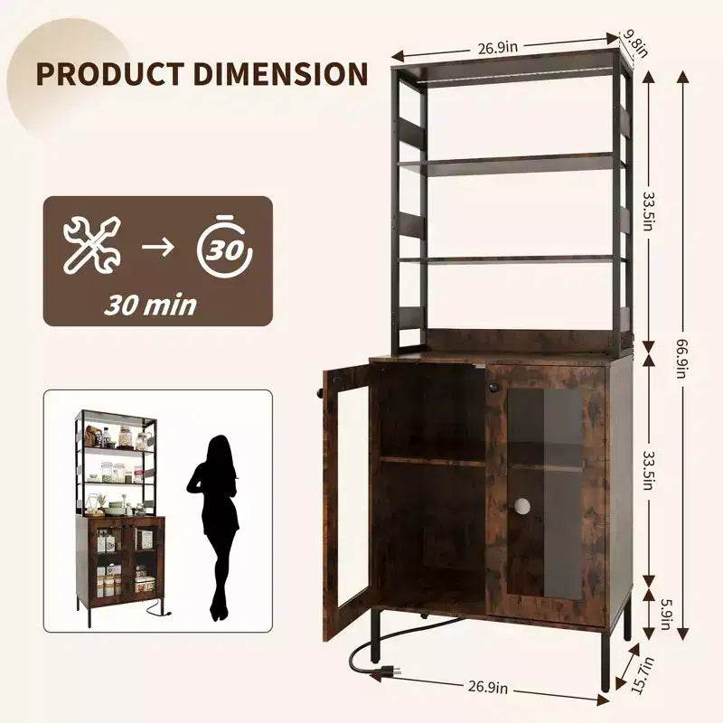 COZONY Multi-Function Kitchen Pantry Cabinet w/ Outlets & LED Lights, Glass Door Storage
