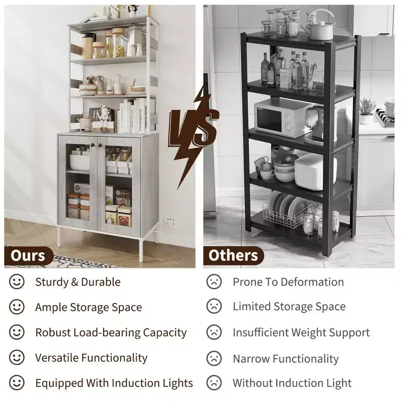 COZONY Multi-Function Kitchen Pantry Cabinet w/ Outlets & LED Lights, Glass Door Storage