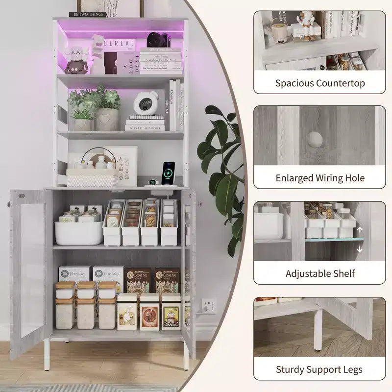 COZONY Multi-Function Kitchen Pantry Cabinet w/ Outlets & LED Lights, Glass Door Storage