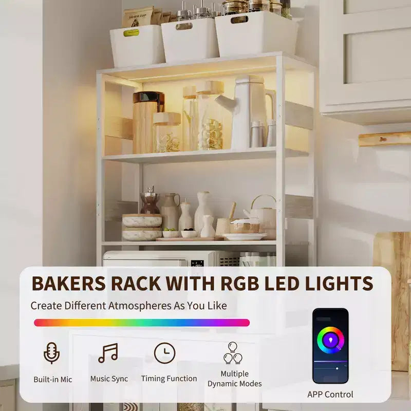 COZONY Multi-Function Kitchen Pantry Cabinet w/ Outlets & LED Lights, Glass Door Storage