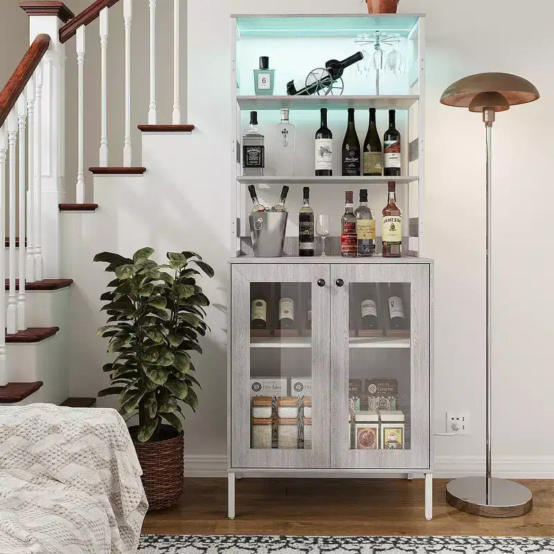 COZONY Multi-Function Kitchen Pantry Cabinet w/ Outlets & LED Lights, Glass Door Storage
