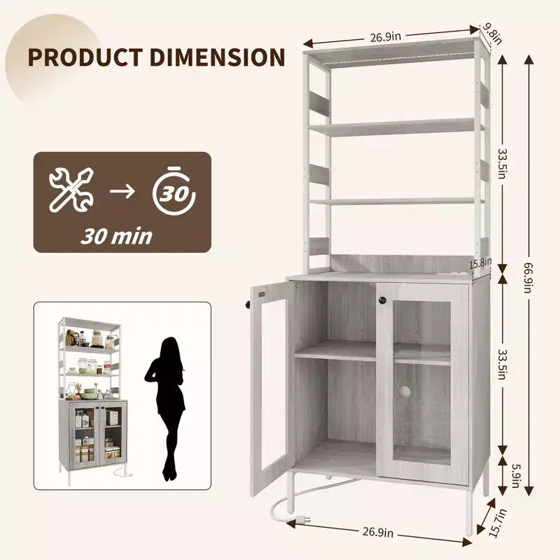 COZONY Multi-Function Kitchen Pantry Cabinet w/ Outlets & LED Lights, Glass Door Storage