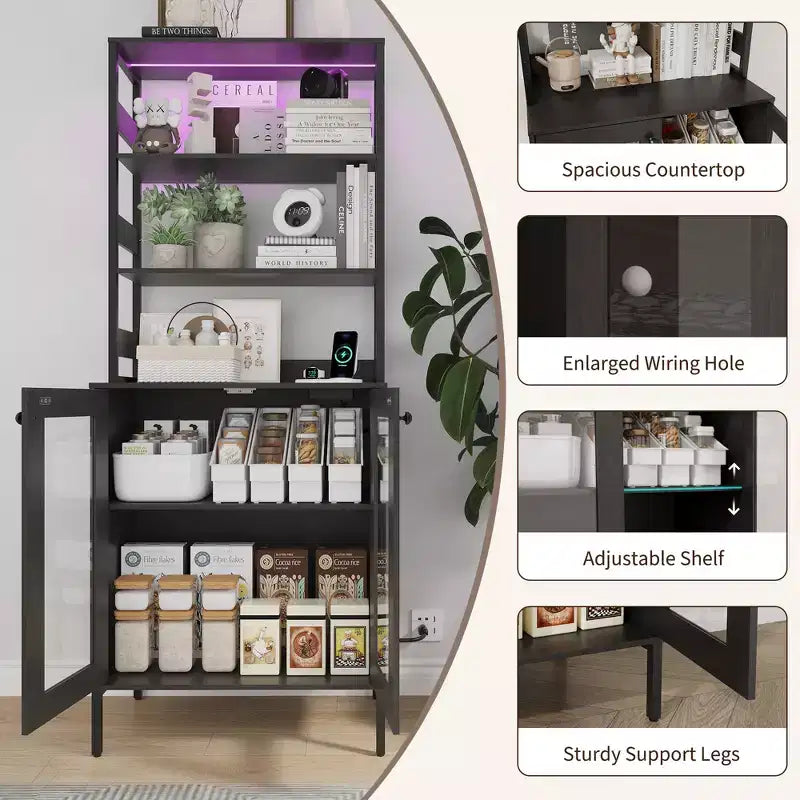 COZONY Multi-Function Kitchen Pantry Cabinet w/ Outlets & LED Lights, Glass Door Storage