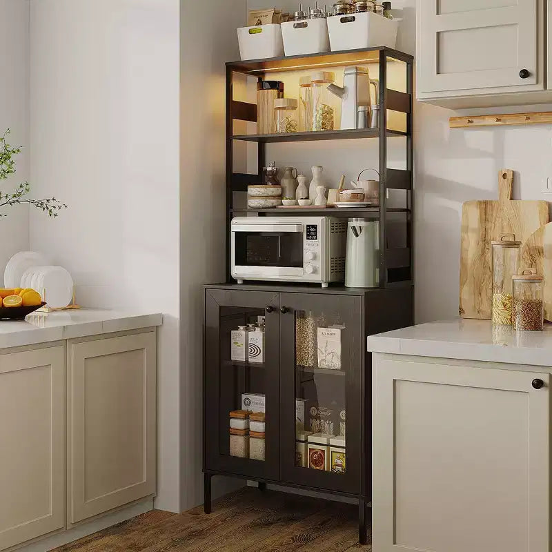 COZONY Multi-Function Kitchen Pantry Cabinet w/ Outlets & LED Lights, Glass Door Storage