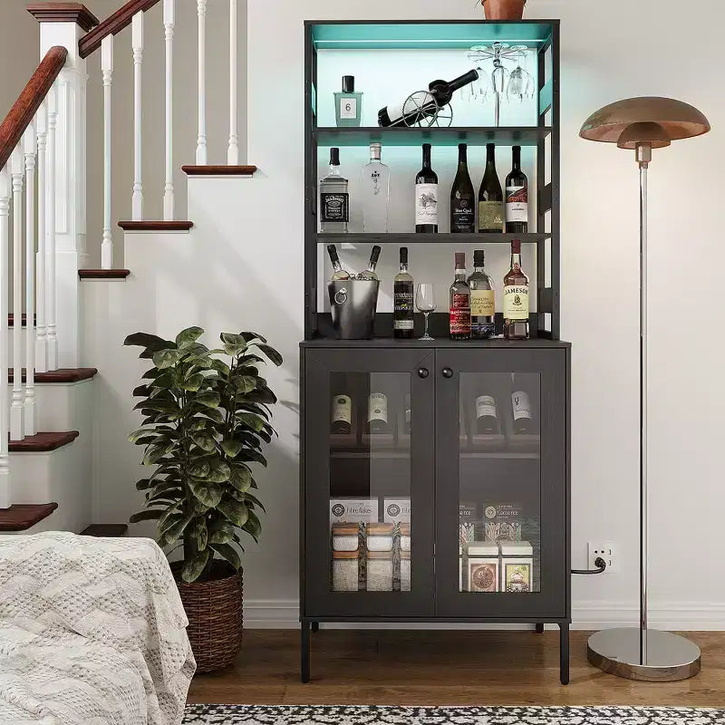 COZONY Multi-Function Kitchen Pantry Cabinet w/ Outlets & LED Lights, Glass Door Storage