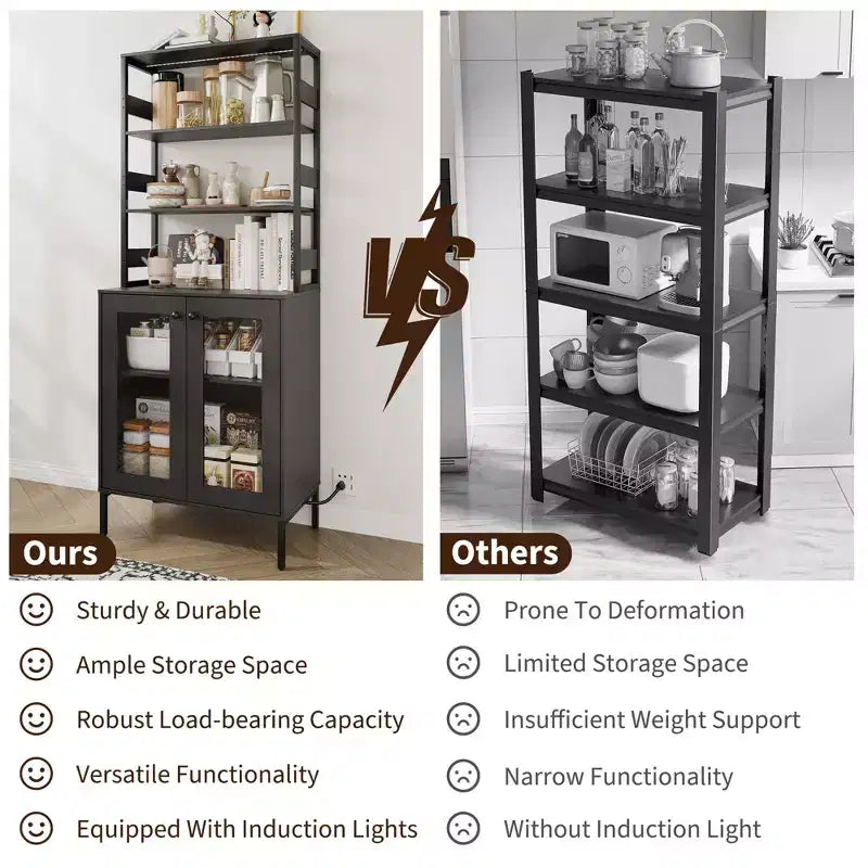 COZONY Multi-Function Kitchen Pantry Cabinet w/ Outlets & LED Lights, Glass Door Storage