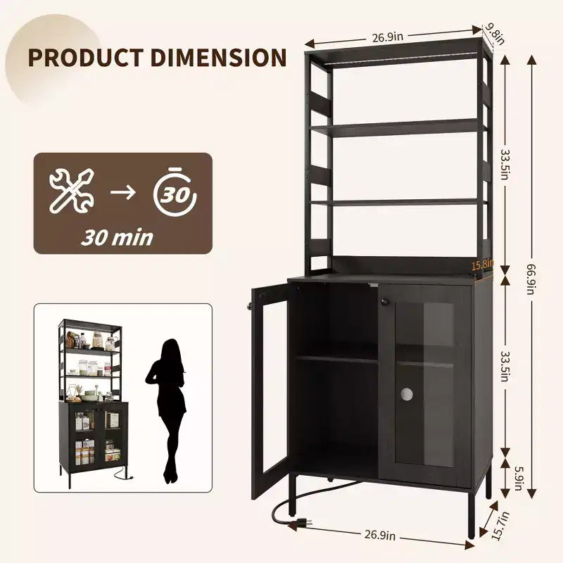 COZONY Multi-Function Kitchen Pantry Cabinet w/ Outlets & LED Lights, Glass Door Storage