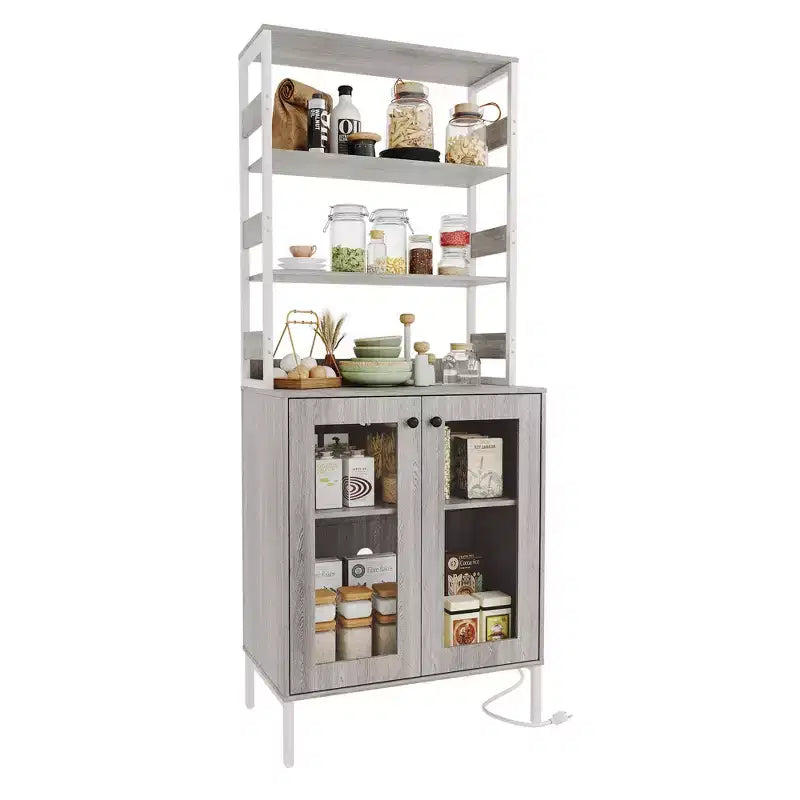 Dispensa da Cucina con Prese, Luci LED e Vano a Giorno con Anta in Vetro