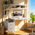 TUYOHW Office Storage Table,Tall Computer Desk with Hutch,2 Drawers and Open Shelves,Modern Writing Table for Home Office,Study,Bedroom,White