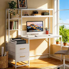 TUYOHW Office Storage Table,Tall Computer Desk with Hutch,2 Drawers and Open Shelves,Modern Writing Table for Home Office,Study,Bedroom,White
