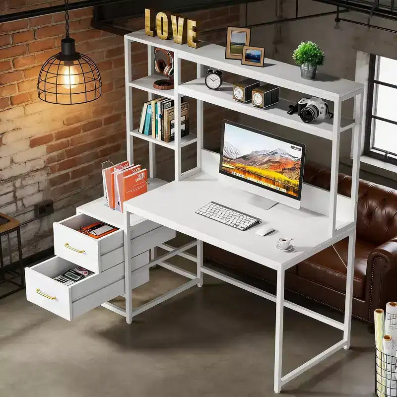 TUYOHW Office Storage Table,Tall Computer Desk with Hutch,2 Drawers and Open Shelves,Modern Writing Table for Home Office,Study,Bedroom,White