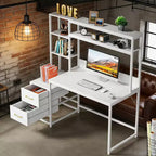 Scrivania da computer alta con libreria integrata, 2 cassetti e ripiani aperti – Ufficio domestico bianca