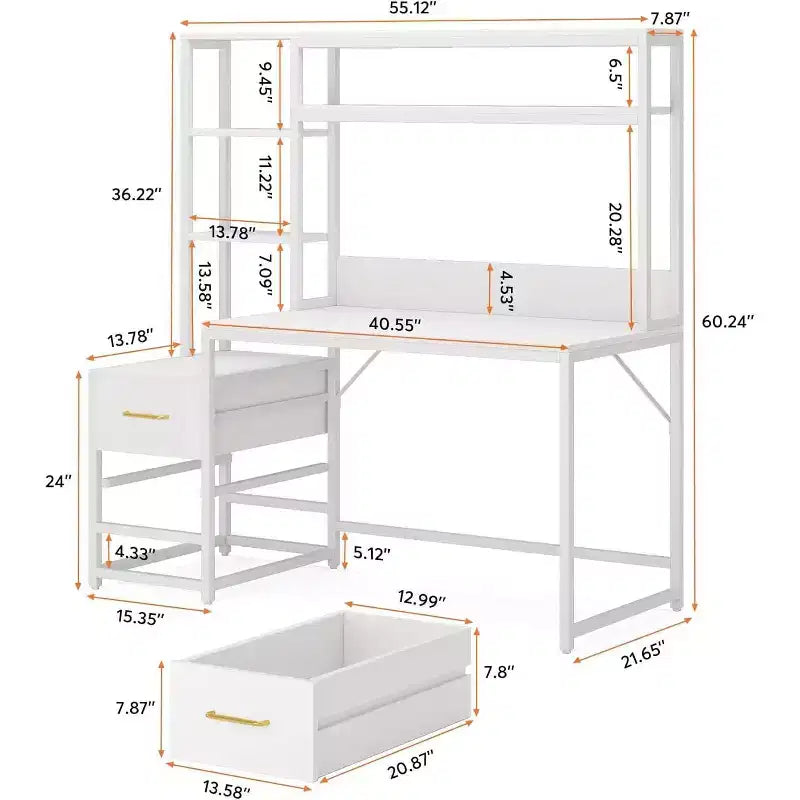 TUYOHW Office Storage Table,Tall Computer Desk with Hutch,2 Drawers and Open Shelves,Modern Writing Table for Home Office,Study,Bedroom,White