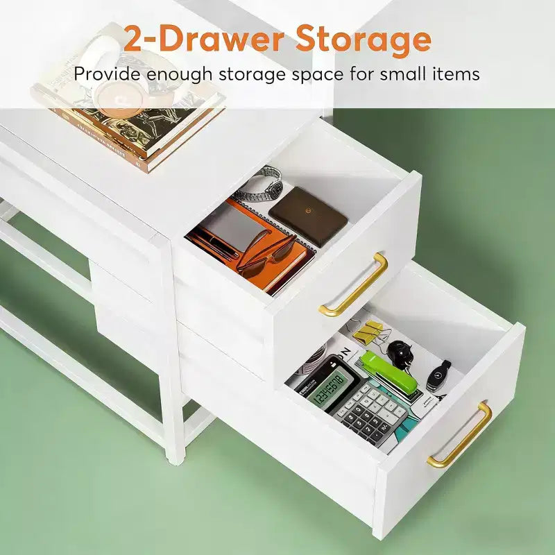 TUYOHW Office Storage Table,Tall Computer Desk with Hutch,2 Drawers and Open Shelves,Modern Writing Table for Home Office,Study,Bedroom,White