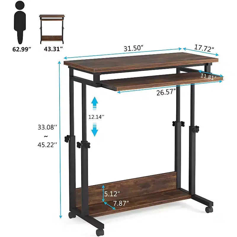 TUYOHW Office Desk with Wheels,Mobile Laptop Table with Hideaway Keyboard Tray,Height Adjustable Rolling Standing Desk for Home Office,Study,Bedroom