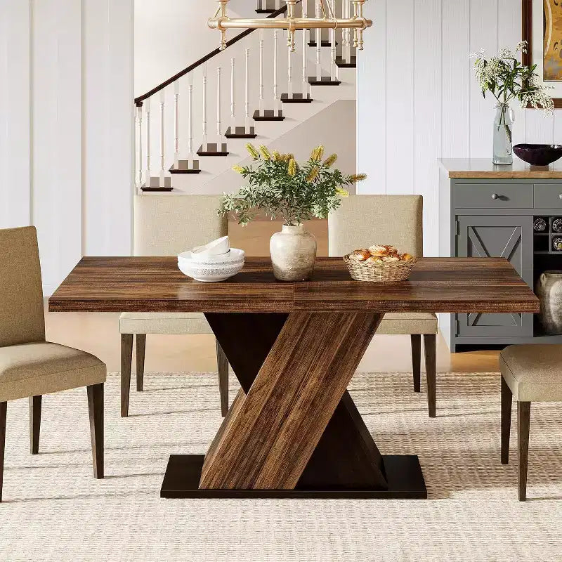 Lantine 55-Inch Farmhouse Dining Table for 4, Rectangle Rustic Brown Kitchen Dining Room Table, Wooden Dinner Table for Small Spaces, Dining Room