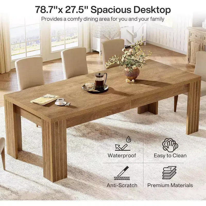 Lantine 78.7-Inch Dining Table for 6, Farmhouse Kitchen Table with Heavy Duty Legs for Dining Room, Kitchen, Living Room, Rustic Brown