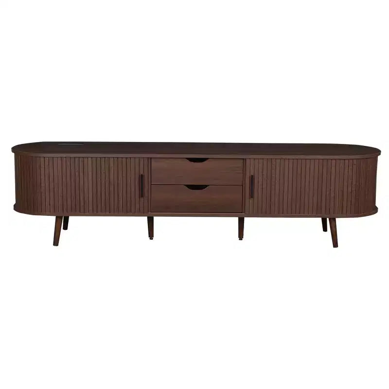 JVNOXK 70-inch Mid-Century Modern TV Console with Roller Door Drawers and Built-in Outlets, Accommodates TVs up to 80 inches, Dark Brown