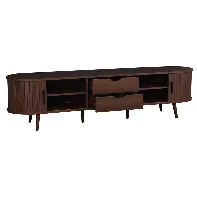 JVNOXK 70-inch Mid-Century Modern TV Console with Roller Door Drawers and Built-in Outlets, Accommodates TVs up to 80 inches, Dark Brown