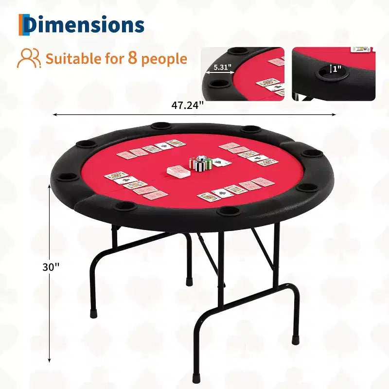 48 Inch 8 Player Round Folding Poker Table with Cup Holders, Casino Grade Felt Surface for Texas Holdem & Blackjack, Portable Card Game Table