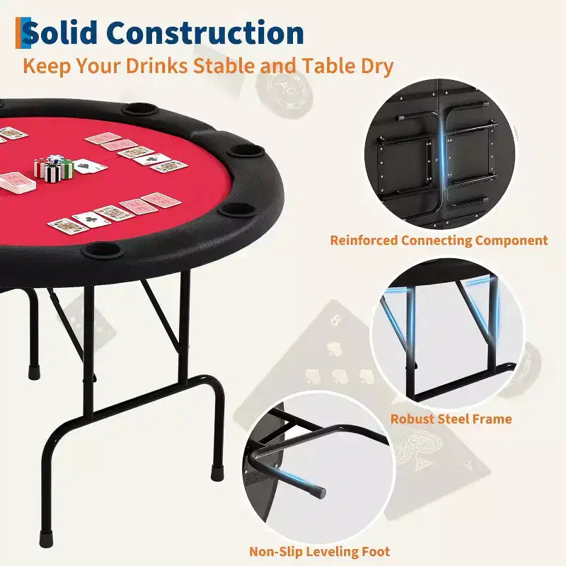 48 Inch 8 Player Round Folding Poker Table with Cup Holders, Casino Grade Felt Surface for Texas Holdem & Blackjack, Portable Card Game Table