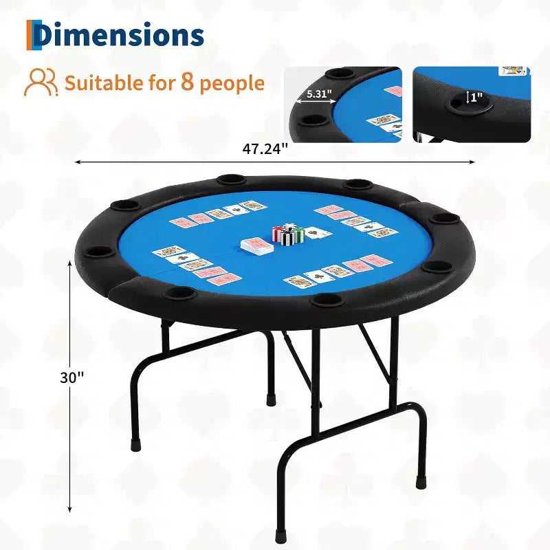 48 Inch 8 Player Round Folding Poker Table with Cup Holders, Casino Grade Felt Surface for Texas Holdem & Blackjack, Portable Card Game Table