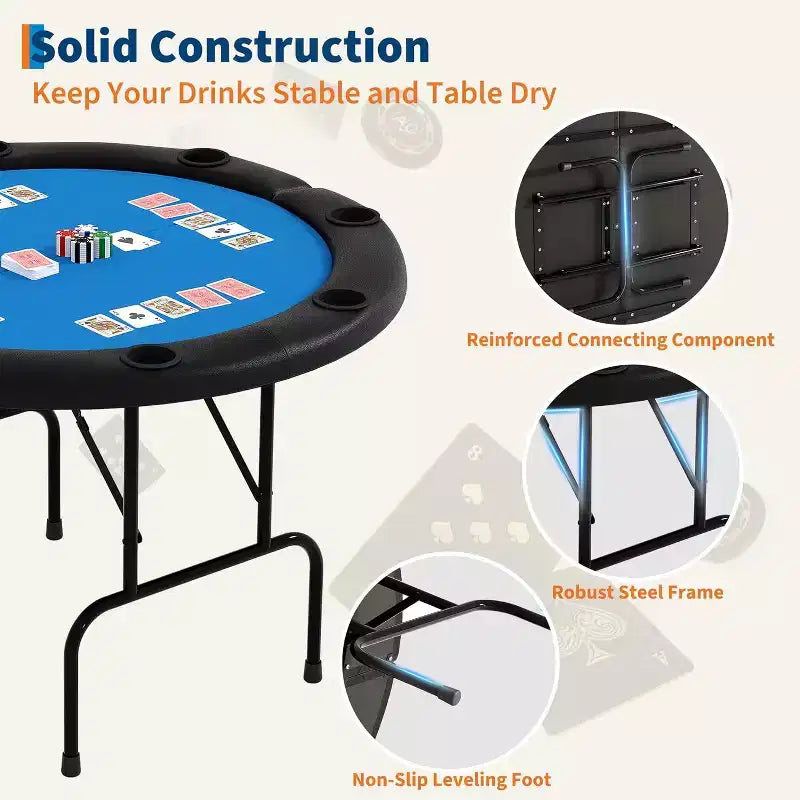 48 Inch 8 Player Round Folding Poker Table with Cup Holders, Casino Grade Felt Surface for Texas Holdem & Blackjack, Portable Card Game Table
