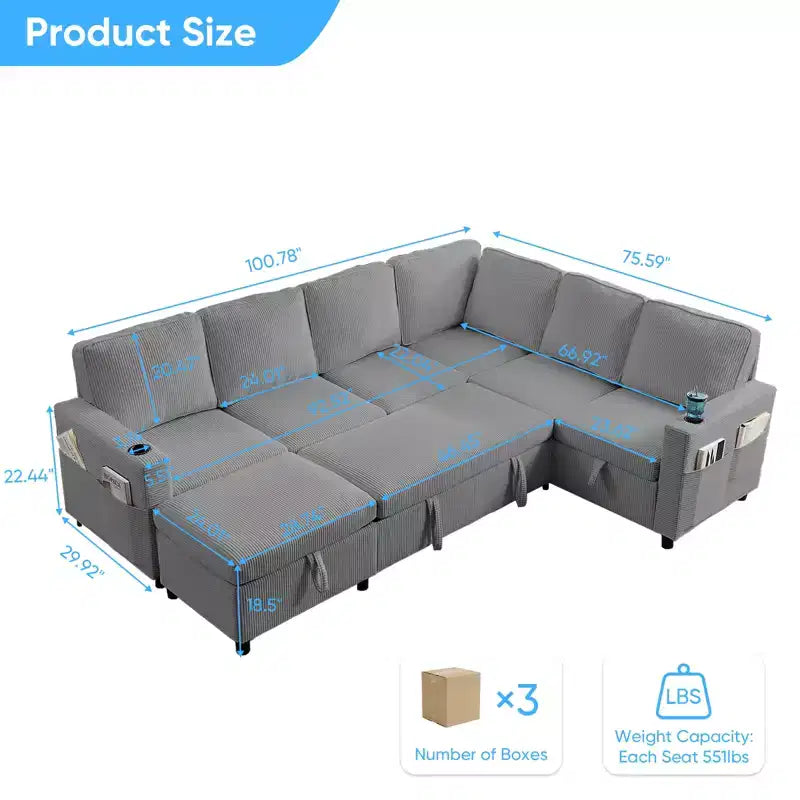 6-Seat U-Shaped Modular Sectional Sofa with Pull-Out Bed & Storage
