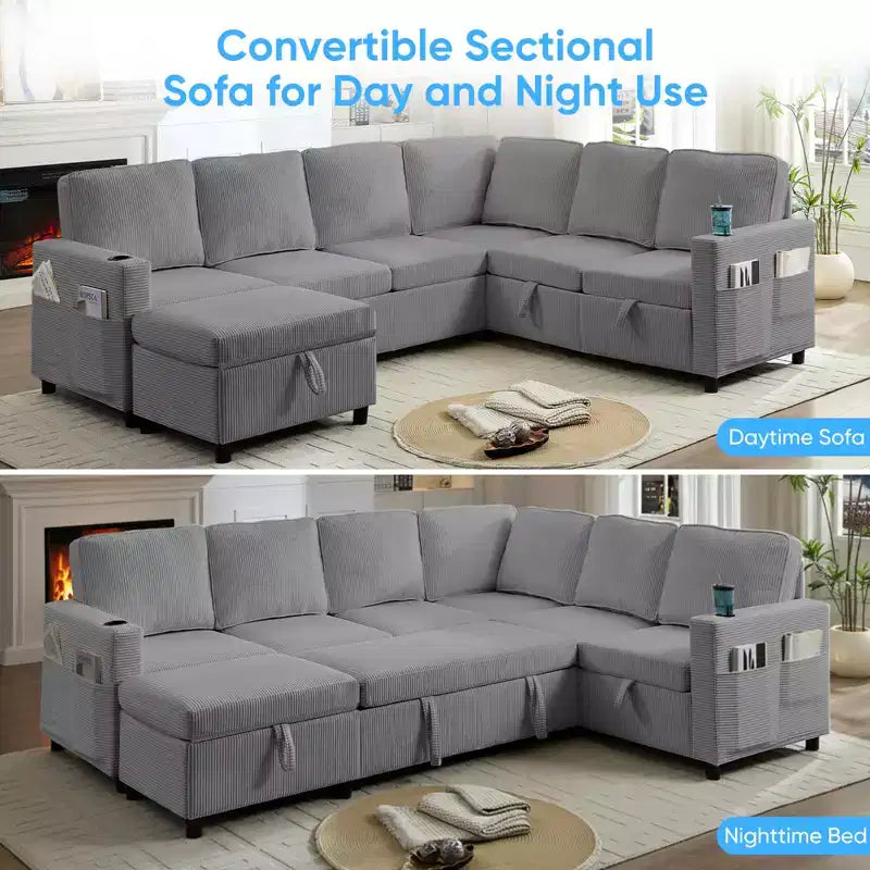 6-Seat U-Shaped Modular Sectional Sofa with Pull-Out Bed & Storage