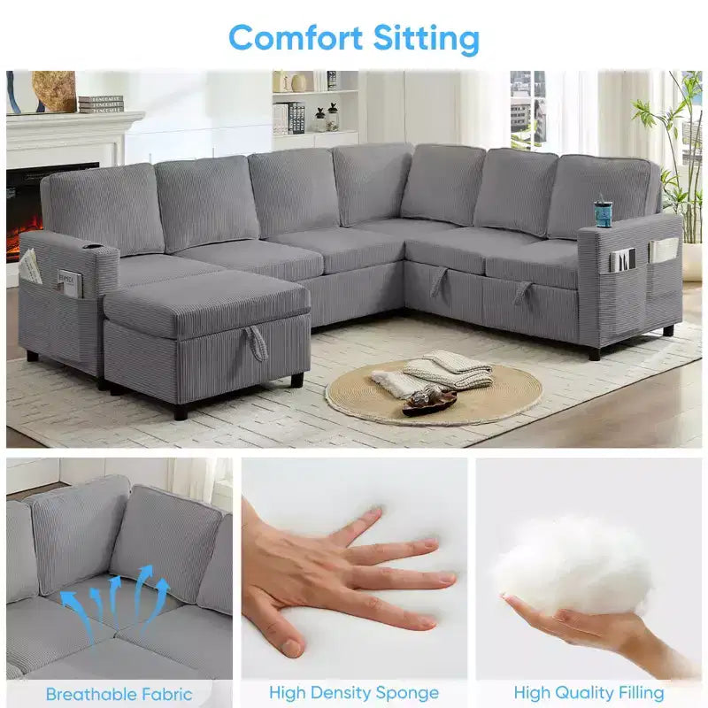 6-Seat U-Shaped Modular Sectional Sofa with Pull-Out Bed & Storage