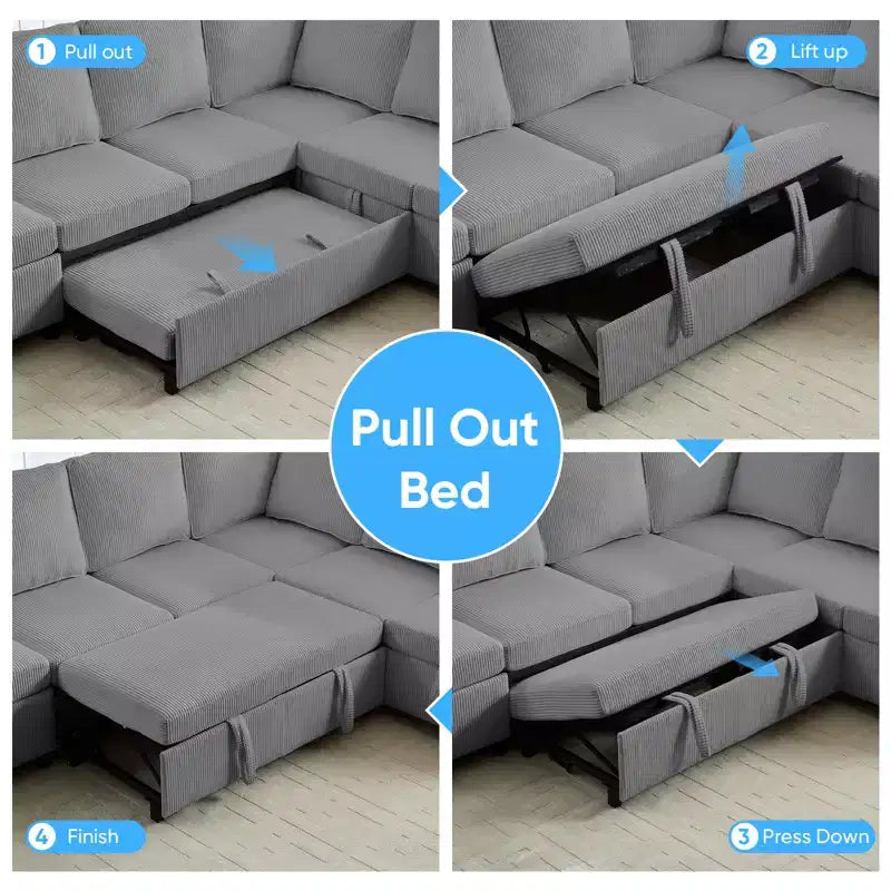 6-Seat U-Shaped Modular Sectional Sofa with Pull-Out Bed & Storage