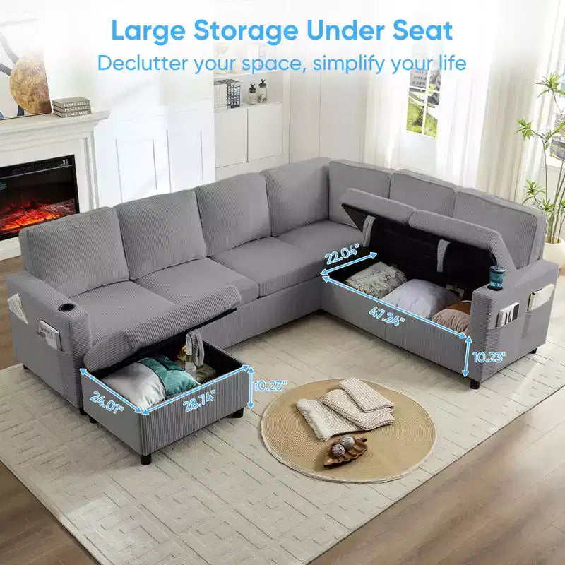 6-Seat U-Shaped Modular Sectional Sofa with Pull-Out Bed & Storage