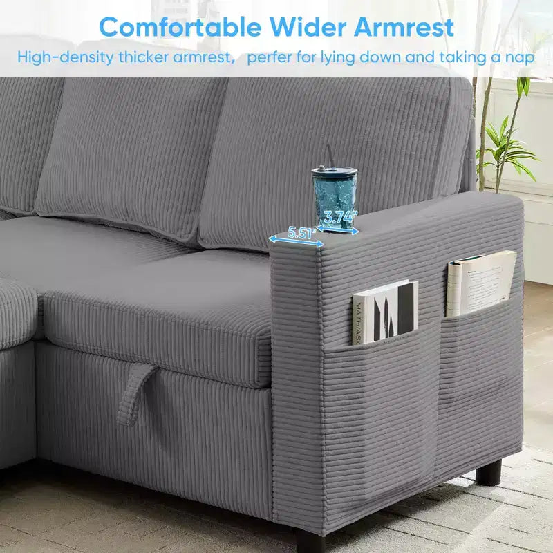 6-Seat U-Shaped Modular Sectional Sofa with Pull-Out Bed & Storage