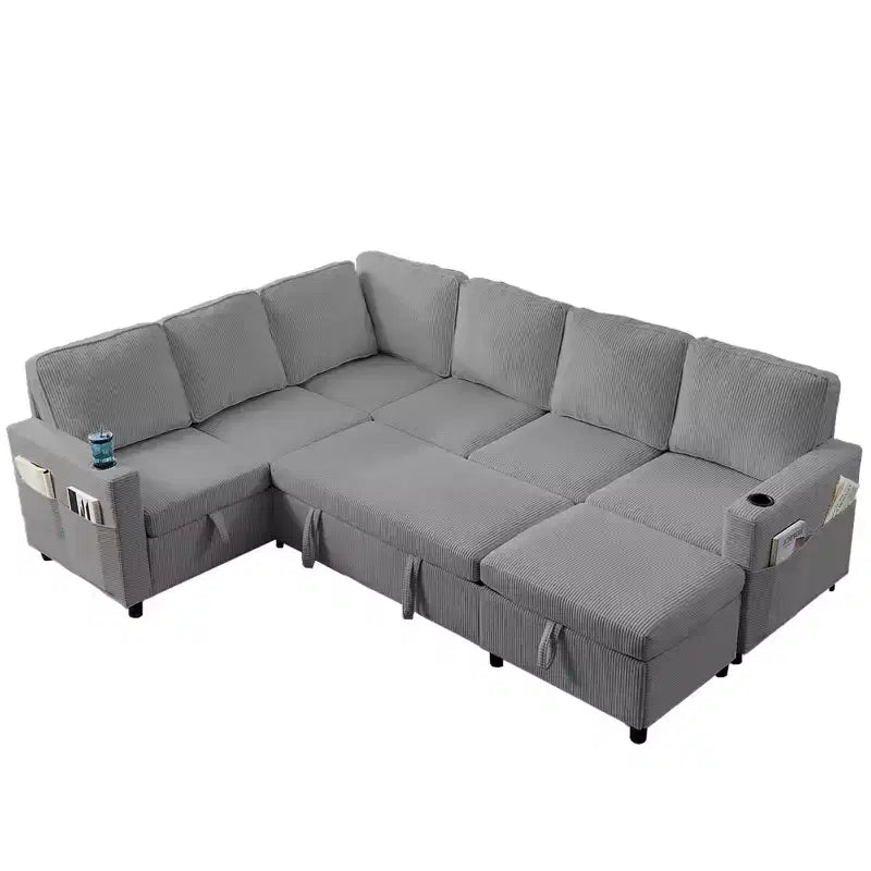 6-Seat U-Shaped Modular Sectional Sofa with Pull-Out Bed & Storage