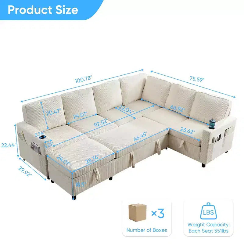 6-Seat U-Shaped Modular Sectional Sofa with Pull-Out Bed & Storage