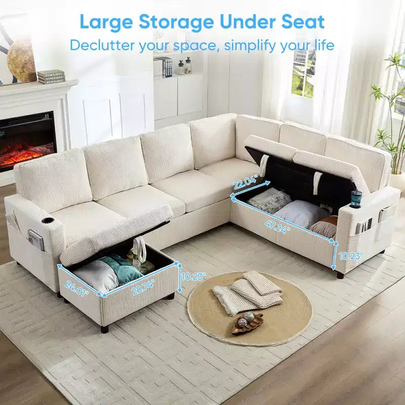 6-Seat U-Shaped Modular Sectional Sofa with Pull-Out Bed & Storage