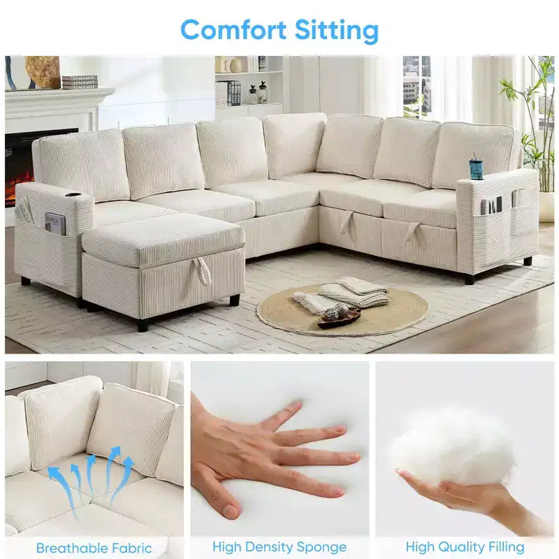 6-Seat U-Shaped Modular Sectional Sofa with Pull-Out Bed & Storage