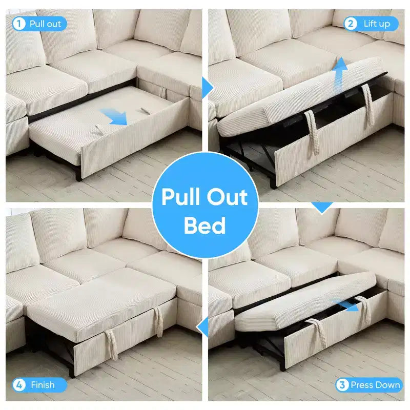 6-Seat U-Shaped Modular Sectional Sofa with Pull-Out Bed & Storage